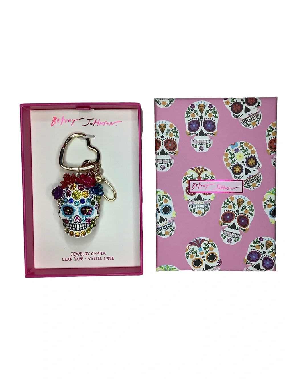 Betsey Johnson Sugar Skull Jeweled Bag Charm Keychain New